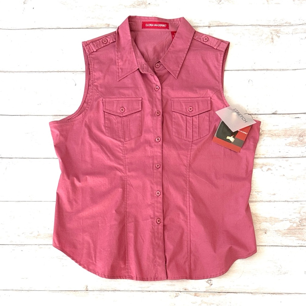 Gloria Vanderbilt XL Button Up Polo Collared Tank Top Mayve Dark Blush Pink NEW